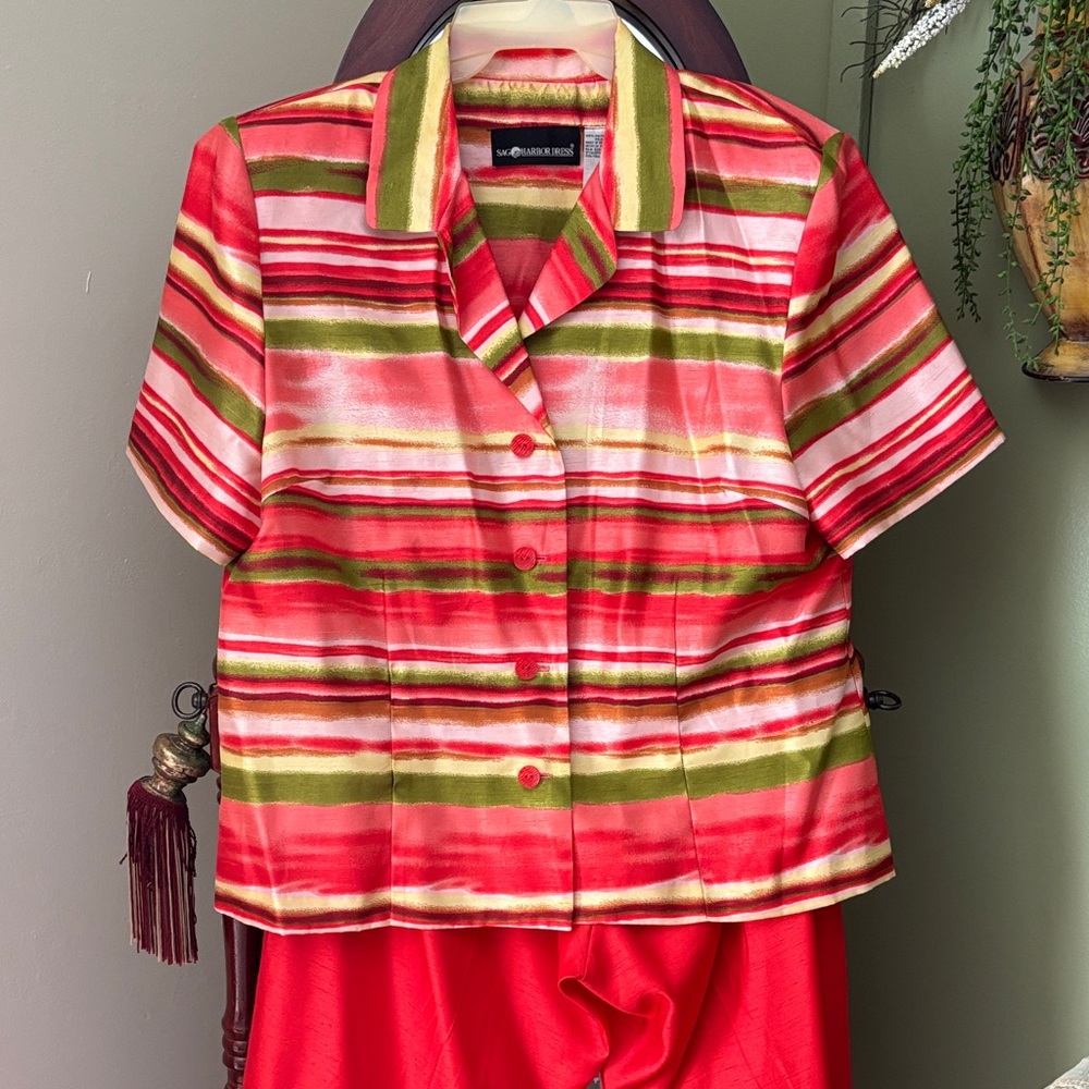 Sage Harbor  Red and Green Striped Button-Up Shirt and pants set